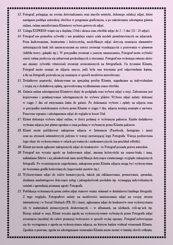 Regulamin sesji zdjęciowej stroan druga
